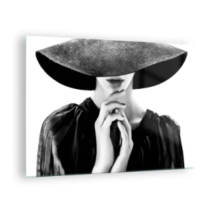 Impression sur verre - Image sur verre - Femme élégante en noir avec un chapeau couvrant son visage - 70x50cm - Beauté cachée - Décoration murale moderne pour le salon et la chambre ARTTOR