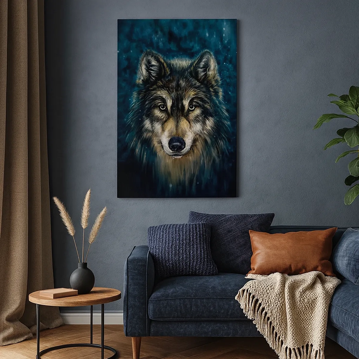 Impression sur toile - Image sur toile - Portrait d'un loup sur fond bleu foncé - 50x70cm - Alpha? Et oméga - Décoration murale moderne pour le salon et la chambre ARTTOR