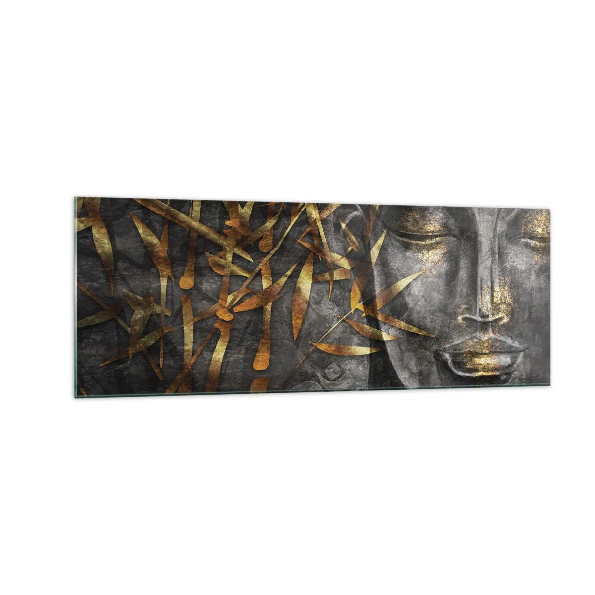 Impression sur verre - Image sur verre - Image de Bouddha zen avec des bambous dorés - 140x50cm - Ressentir le calme - Décoration murale moderne pour le salon et la chambre ARTTOR