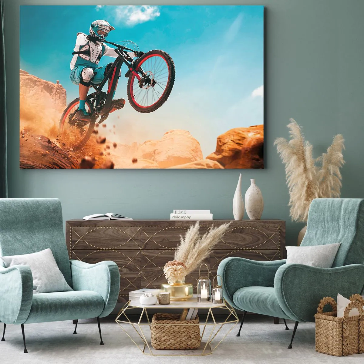 Impression sur toile - Image sur toile - Un vététiste effectue un saut sur fond de rochers - 100x70cm - Démon de la folie du vélo - Décoration murale moderne pour le salon et la chambre ARTTOR