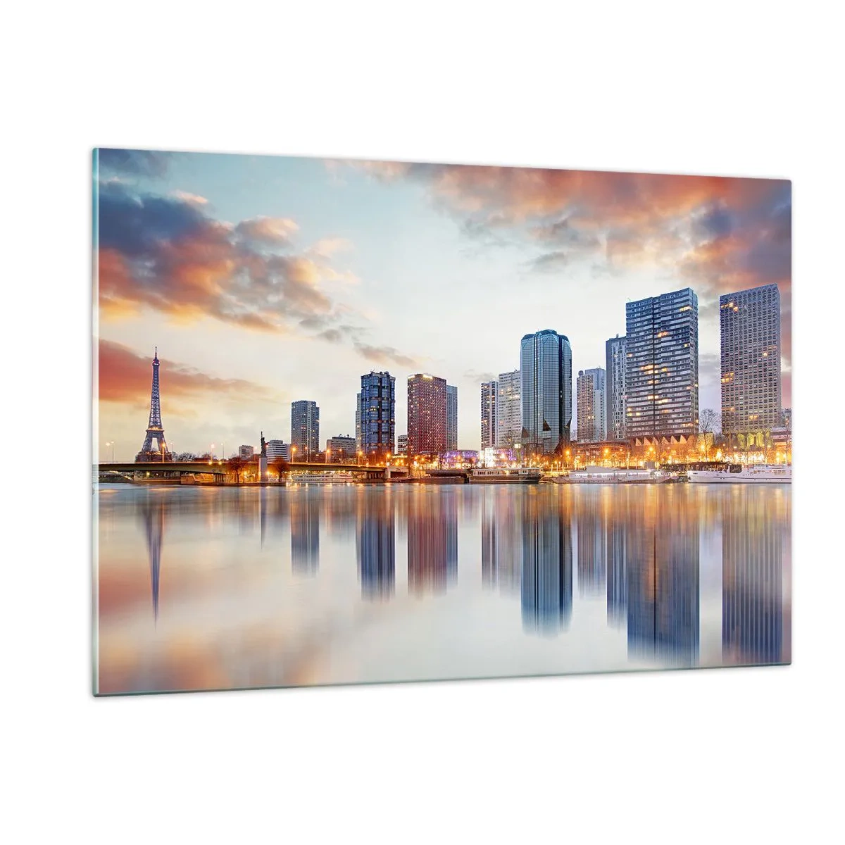 Impression sur verre - Image sur verre - Panorama de Paris avec la Tour Eiffel et les bâtiments modernes au crépuscule - 120x80cm - La tranquillité monumentale de Paris - Décoration murale moderne pour le salon et la chambre ARTTOR