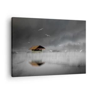 Impression sur toile - Image sur toile - Un chalet solitaire sur l'eau entouré de brouillard et d'oiseaux - 70x50cm - A l'abri de la pluie - Décoration murale moderne pour le salon et la chambre ARTTOR
