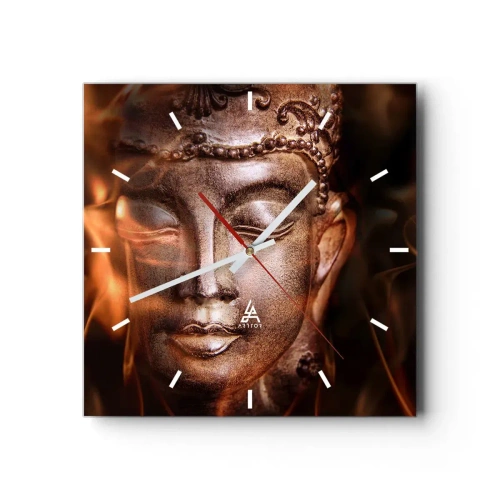 Horloge murale - Pendule murale - Une statue de Bouddha au milieu de flammes aux teintes dorées - 30x30cm - Il n'existe qu'ici et maintenant - Décoration murale moderne pour le salon et la chambre ARTTOR