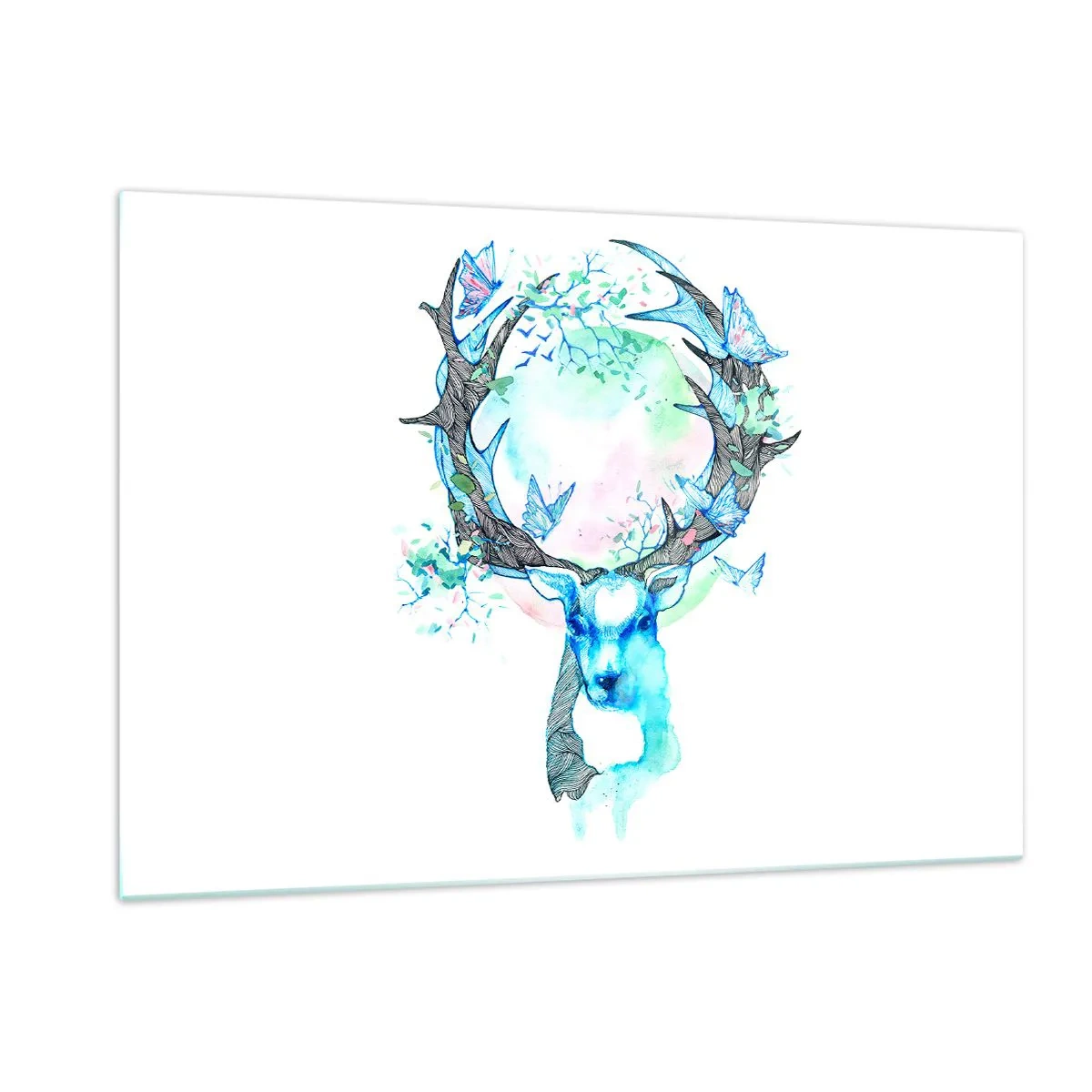 Impression sur verre - Image sur verre - Illustration d'un cerf avec des papillons sur ses bois - 120x80cm - La force et la délicatesse de la nature - Décoration murale moderne pour le salon et la chambre ARTTOR