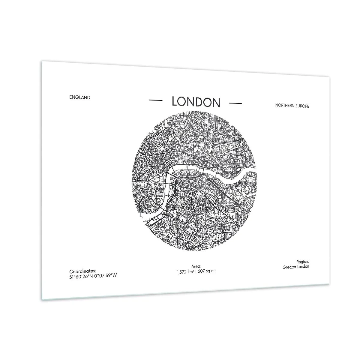 Impression sur verre - Image sur verre - Une carte détaillée de Londres dans un style graphique noir et blanc. - 100x70cm - Anatomie de Londres - Décoration murale moderne pour le salon et la chambre ARTTOR