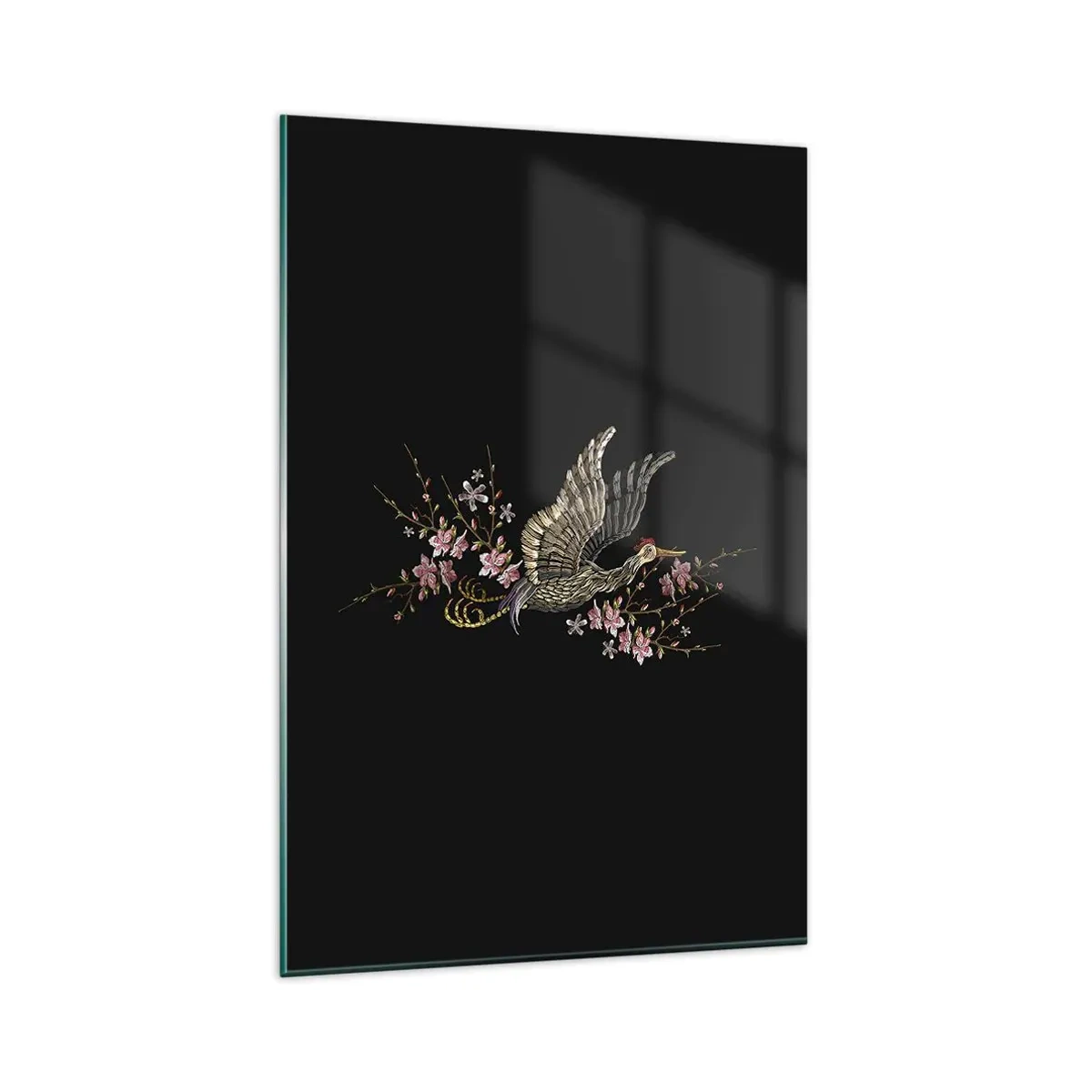 Impression sur verre - Image sur verre - Un oiseau en vol avec des fleurs sur fond noir - 80x120cm - Oiseau brodé exotique - Décoration murale moderne pour le salon et la chambre ARTTOR