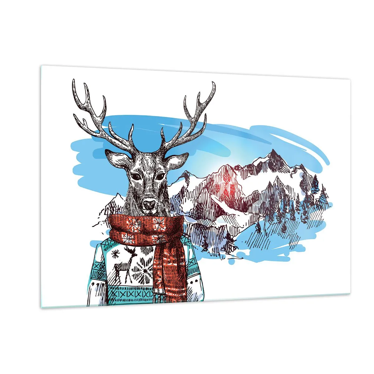 Impression sur verre - Image sur verre - Un cerf en pull et écharpe sur fond de paysage de montagne - 120x80cm - Même le cerf ne gèle pas - Décoration murale moderne pour le salon et la chambre ARTTOR
