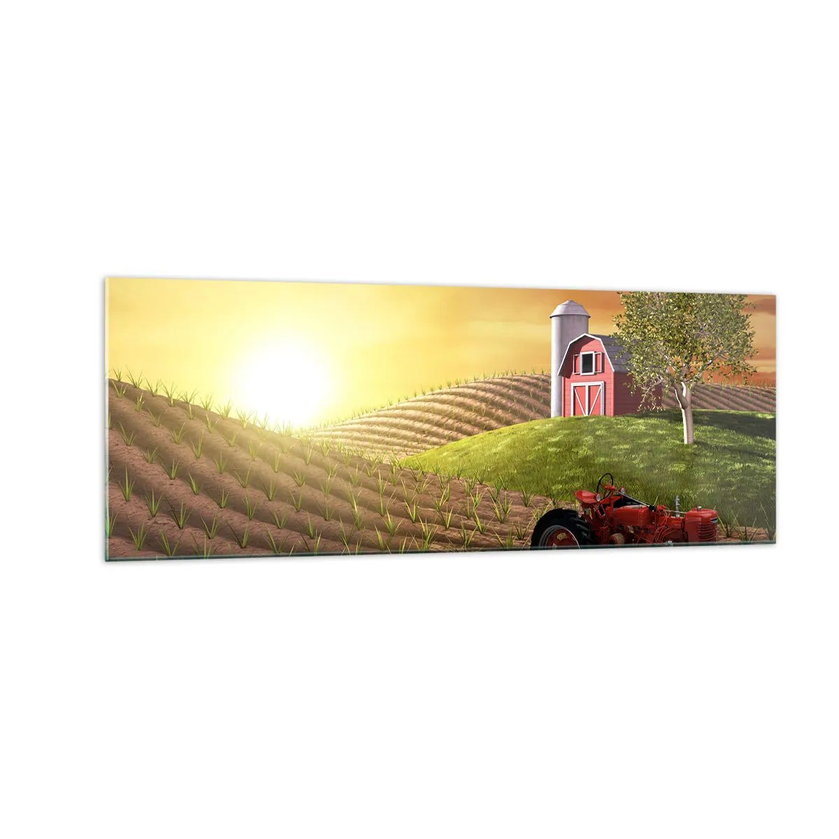 Impression sur verre - Image sur verre - Paysage rural avec une grange rouge, un tracteur et un lever de soleil - 140x50cm - Une ferme comme dans un conte de fées - Décoration murale moderne pour le salon et la chambre ARTTOR