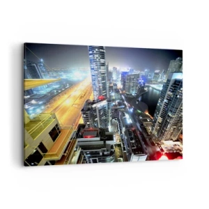 Impression sur toile - Image sur toile - Panorama de la ville nocturne avec des gratte-ciel illuminés - 100x70cm - Un miracle dans le désert - Décoration murale moderne pour le salon et la chambre ARTTOR