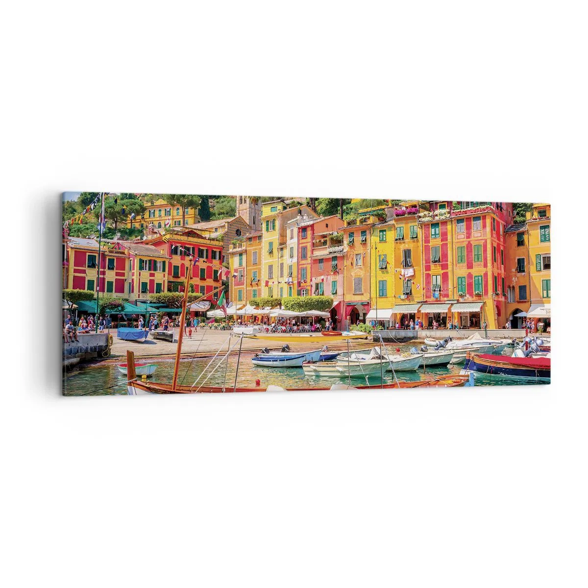 Impression sur toile - Image sur toile - Maisons de ville colorées et bateaux dans une ville balnéaire italienne - 140x50cm - Matinée italienne - Décoration murale moderne pour le salon et la chambre ARTTOR