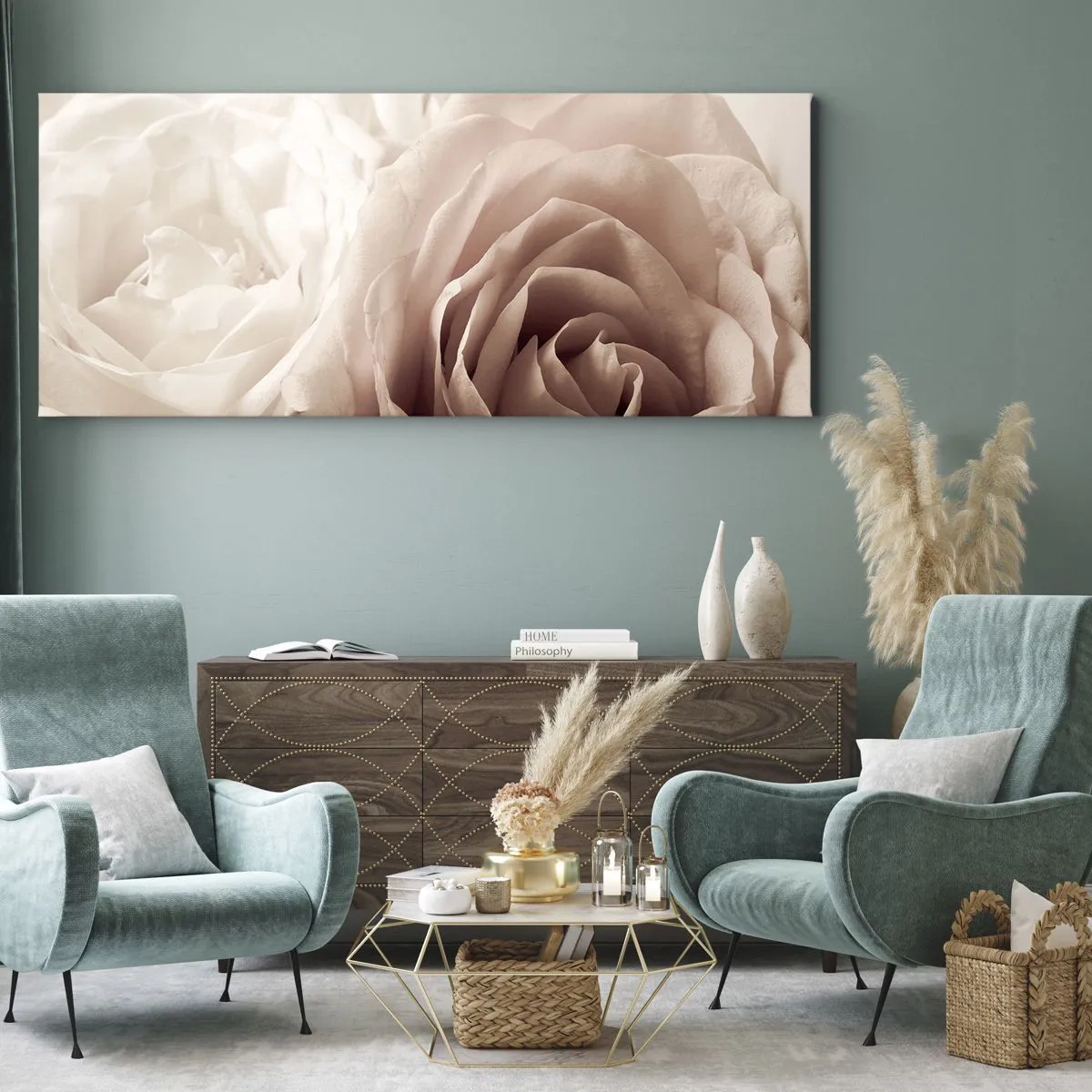Impression sur toile - Image sur toile - Roses délicates dans des tons pastel de beige - 160x50cm - Au coeur d'ue la rose - Décoration murale moderne pour le salon et la chambre ARTTOR