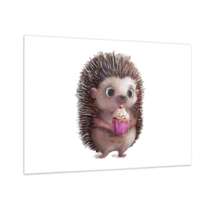 Impression sur verre - Image sur verre - Un hérisson mignon avec un cupcake sur fond blanc - 100x70cm - La fête c'est tous les jours - Décoration murale moderne pour le salon et la chambre ARTTOR