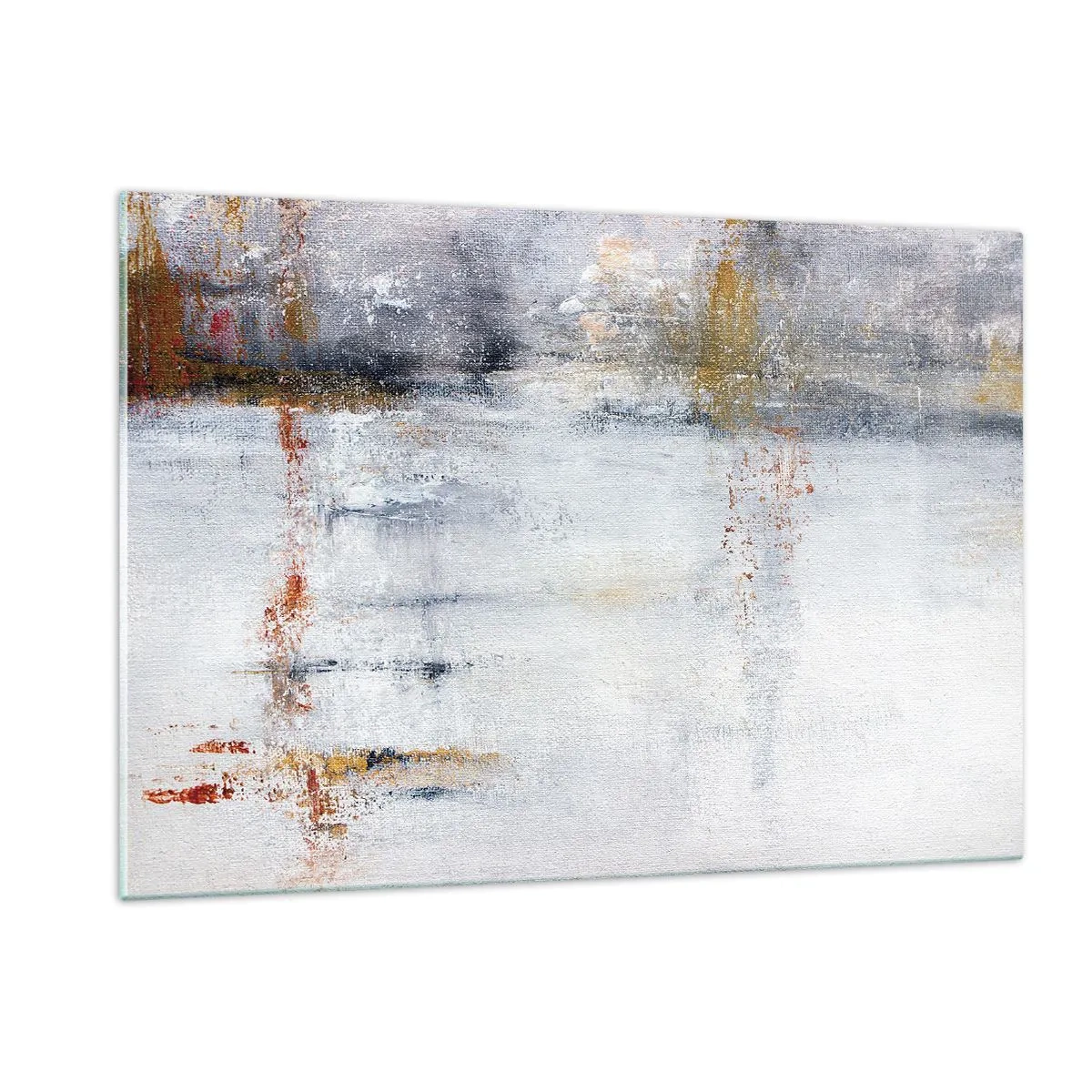 Impression sur verre - Image sur verre - Une peinture abstraite présentant une subtile combinaison de gris, de blanc et d'or. - 120x80cm - Derrière l'air un rideau - Décoration murale moderne pour le salon et la chambre ARTTOR
