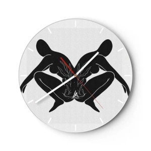 Horloge murale - Pendule murale - Figures symétriques en noir formant un cœur avec du feu au centre sur un fond clair. - 30x30cm - Une âme commune - Décoration murale moderne pour le salon, la cuisine et la chambre ARTTOR