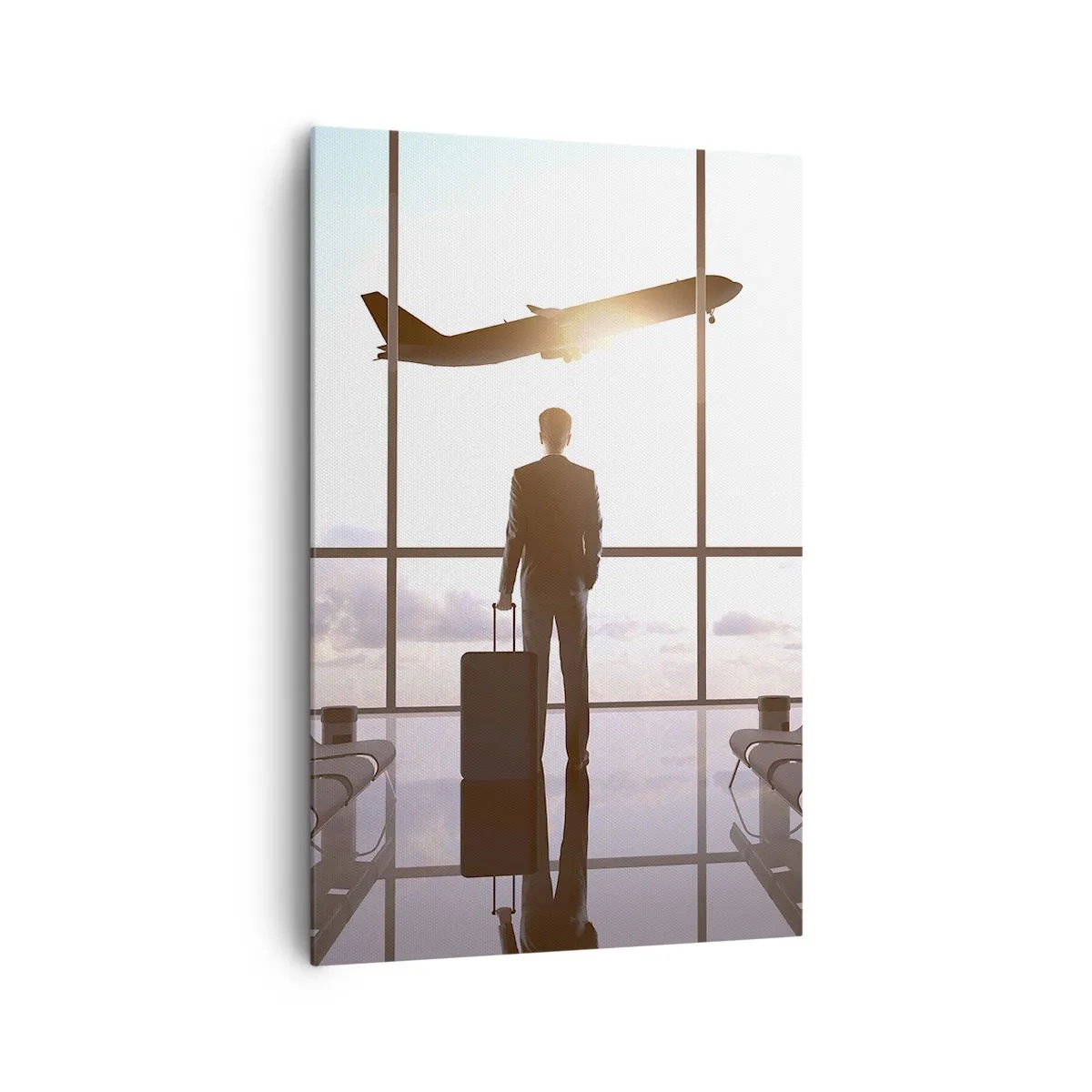 Impression sur toile - Image sur toile - Homme d'affaires à l'aéroport avec un avion en arrière-plan - 80x120cm - Vous avez le temps, ralentissez - Décoration murale moderne pour le salon et la chambre ARTTOR