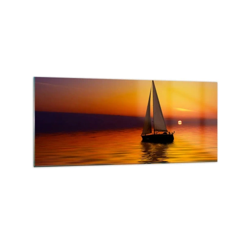 Impression sur verre - Image sur verre - Un voilier sur une mer calme au coucher du soleil - 120x50cm - Comme c'est calme au crépuscule… - Décoration murale moderne pour le salon et la chambre ARTTOR