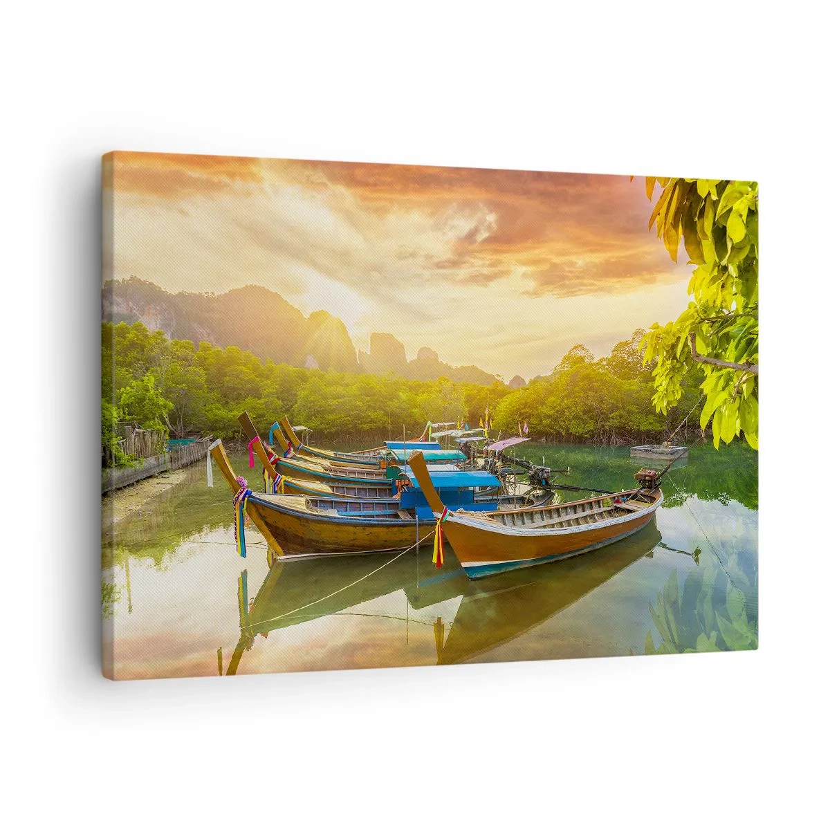 Impression sur toile - Image sur toile - Bateaux traditionnels sur une eau calme au coucher du soleil - 70x50cm - Avant une journée chargée - Décoration murale moderne pour le salon et la chambre ARTTOR