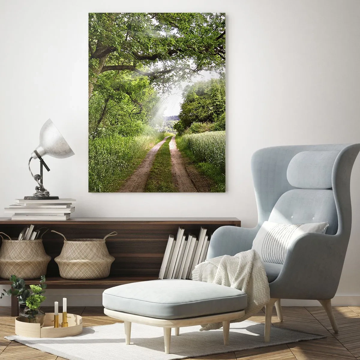 Impression sur verre - Image sur verre - Un chemin de terre parmi les arbres verts et la lumière du soleil - 70x100cm - Et in Arcadia ego - Décoration murale moderne pour le salon et la chambre ARTTOR