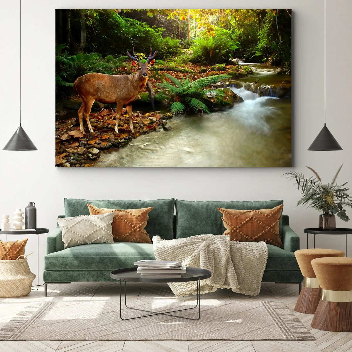 Impression sur toile - Image sur toile - Un cerf près d'un ruisseau entouré de verdure dans la forêt - 100x70cm - Bienvenue dans mon monde - Décoration murale moderne pour le salon et la chambre ARTTOR