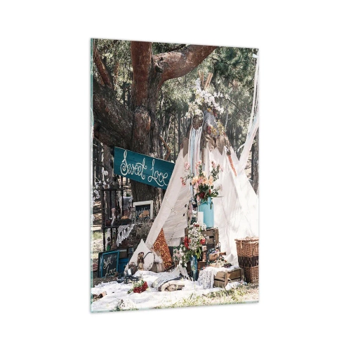 Impression sur verre - Image sur verre - Décoration bohème avec un tipi dans la forêt - 70x100cm - Make love… - Décoration murale moderne pour le salon et la chambre ARTTOR