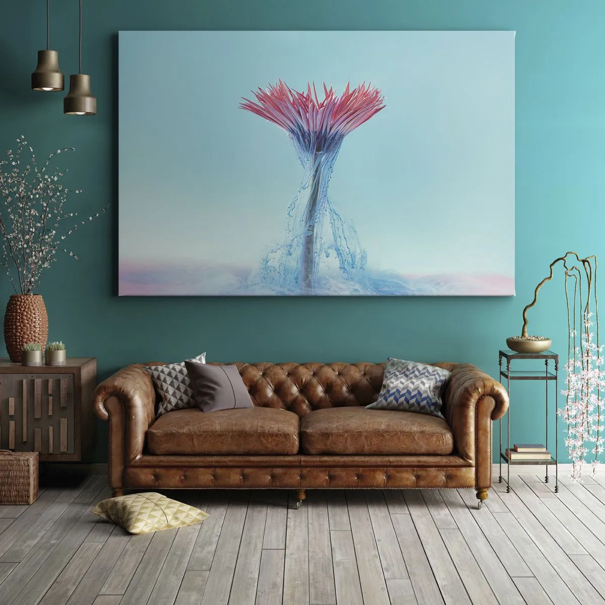 Impression sur toile - Image sur toile - Une fleur rose et bleue dans un arrangement artistique sur un fond pastel - 70x50cm - Dans une étreinte vivifiante - Décoration murale moderne pour le salon et la chambre ARTTOR