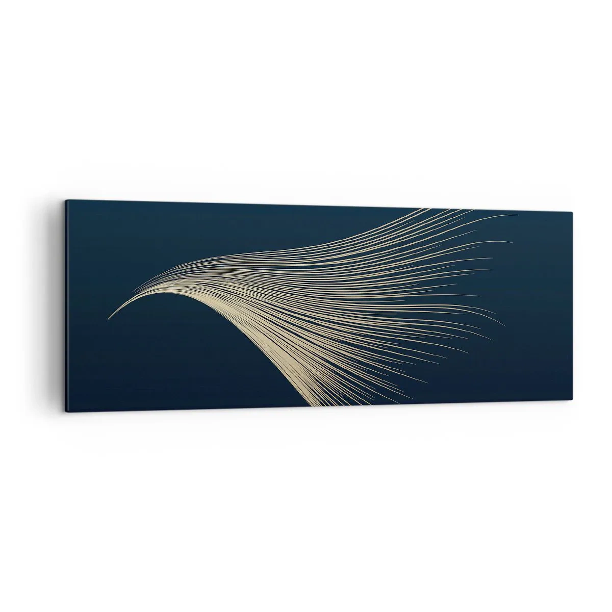 Impression sur toile - Image sur toile - Une ligne délicate en forme de plume sur un fond bleu marine - 140x50cm - Comme les cheveux d'un ange - Décoration murale moderne pour le salon et la chambre ARTTOR