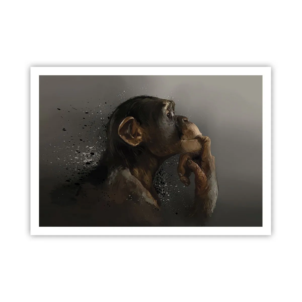 Affiche - Poster - Portrait d'un singe dans une pose réfléchissante sur fond gris - 100x70cm - Certainement un penseur - Décoration murale moderne pour le salon et la chambre ARTTOR