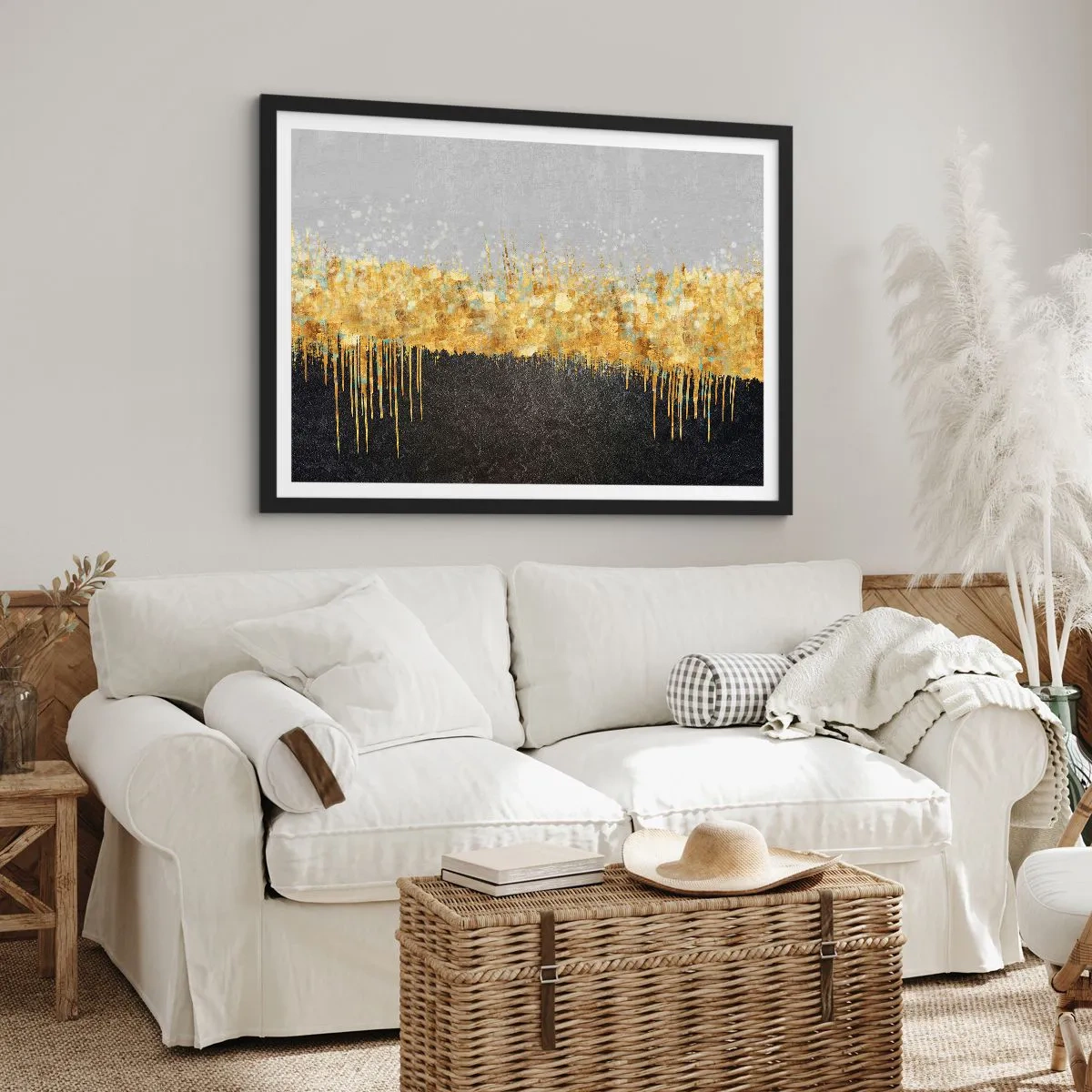 Affiche dans un cadre noir - Poster - Composition abstraite dans les tons d'or et de noir - 100x70cm - Vers l'intérieur et vers le haut - Décoration murale moderne pour le salon et la chambre ARTTOR