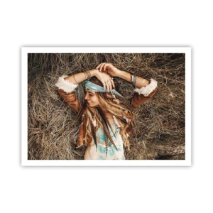 Affiche - Poster - Femme de style bohème allongée sur du foin - 100x70cm - En route vers les années d'amour - Décoration murale moderne pour le salon et la chambre ARTTOR