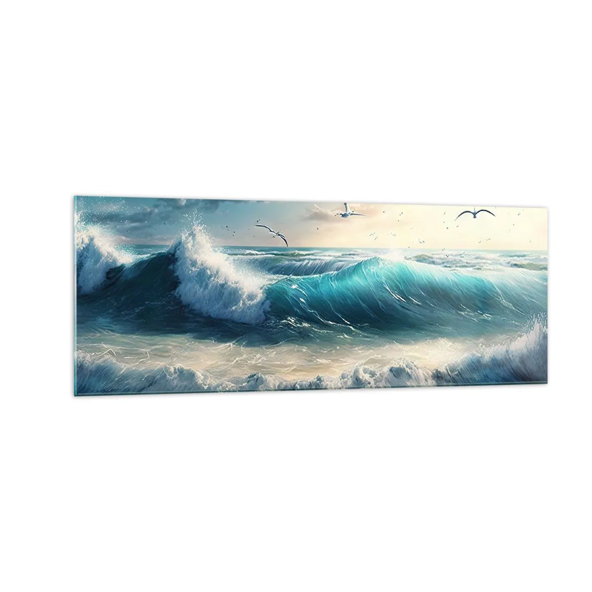 Impression sur verre - Image sur verre - Vagues de la mer sur la plage sous un ciel bleu avec des mouettes - 140x50cm - Ça bourdonne seulement pour toi - Décoration murale moderne pour le salon et la chambre ARTTOR