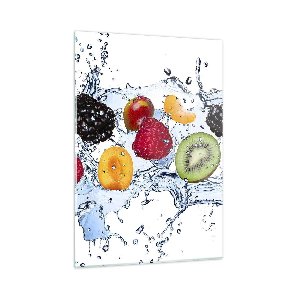 Impression sur verre - Image sur verre - Fruits colorés dans l'eau sur fond blanc - 50x70cm - Amusez-vous avec nous - Décoration murale moderne pour le salon et la chambre ARTTOR