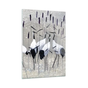 Impression sur verre - Image sur verre - Quatre grues parmi les roseaux au bord du lac - 50x70cm - Parmi les siens - Décoration murale moderne pour le salon et la chambre ARTTOR
