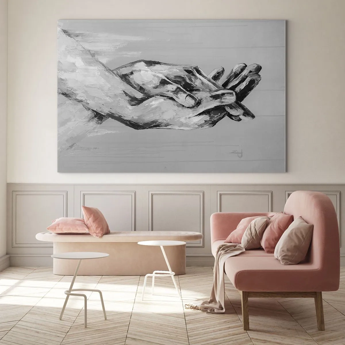 Impression sur verre - Image sur verre - Peinture en noir et blanc de deux mains se tendant l'une vers l'autre - 70x50cm - Début... - Décoration murale moderne pour le salon et la chambre ARTTOR