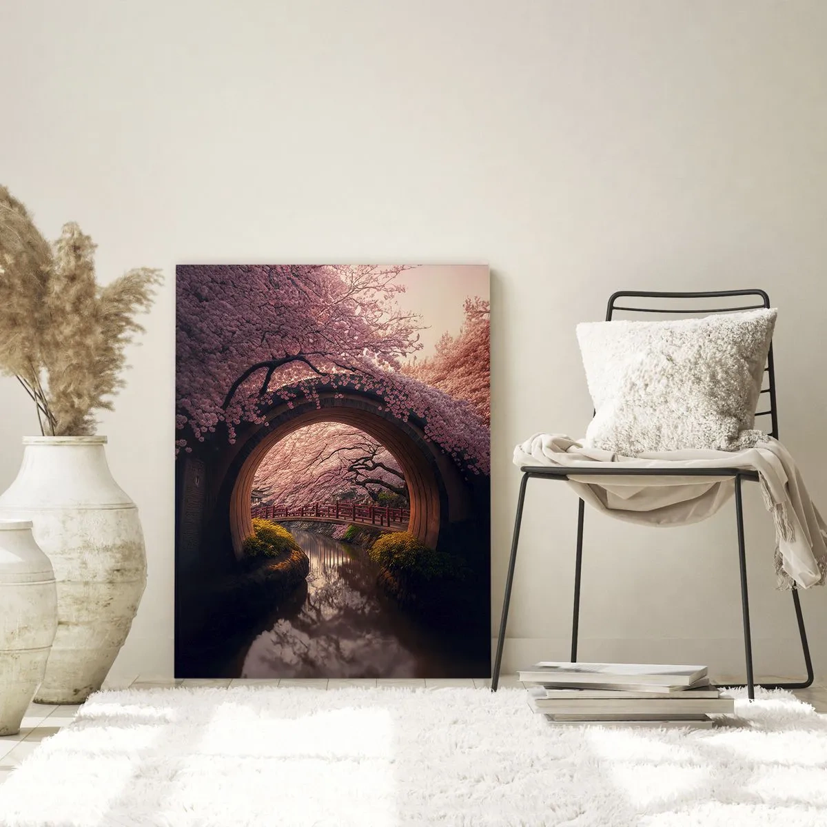 Impression sur verre - Image sur verre - Un pont japonais traditionnel entouré de fleurs de cerisier - 70x100cm - Printemps japonais - Décoration murale moderne pour le salon et la chambre ARTTOR