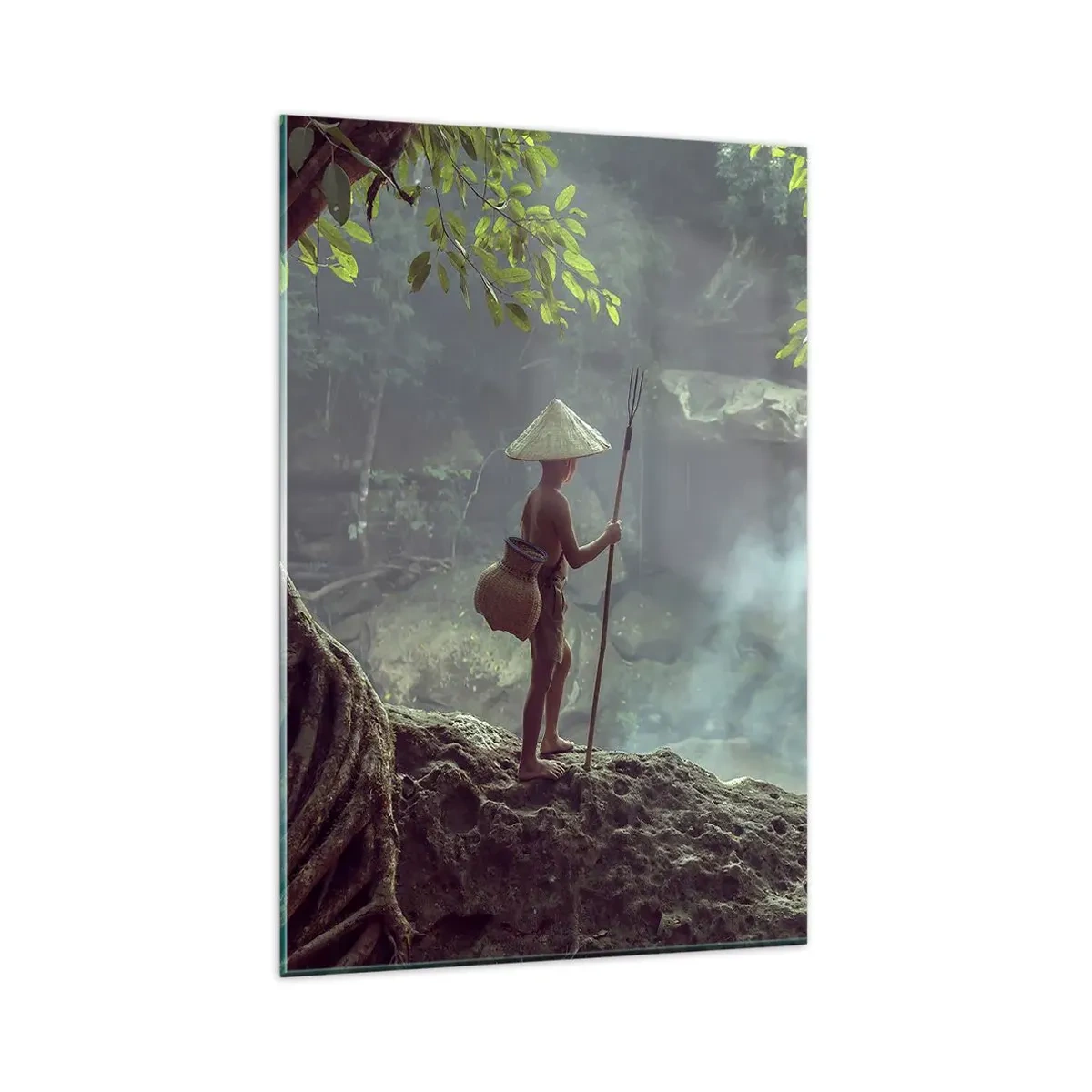 Impression sur verre - Image sur verre - Une figure avec une lance près d'une cascade dans une forêt tropicale - 80x120cm - Lier d'amitié avec la nature - Décoration murale moderne pour le salon et la chambre ARTTOR