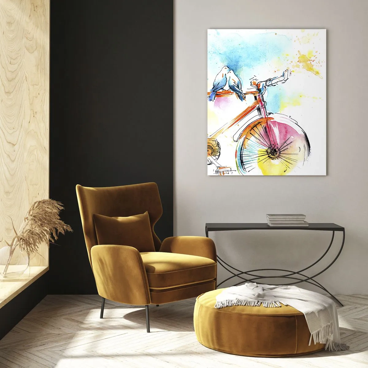 Impression sur verre - Image sur verre - Aquarelle colorée d'un vélo avec des oiseaux assis dessus - 70x100cm - À deux en vélo - Décoration murale moderne pour le salon et la chambre ARTTOR