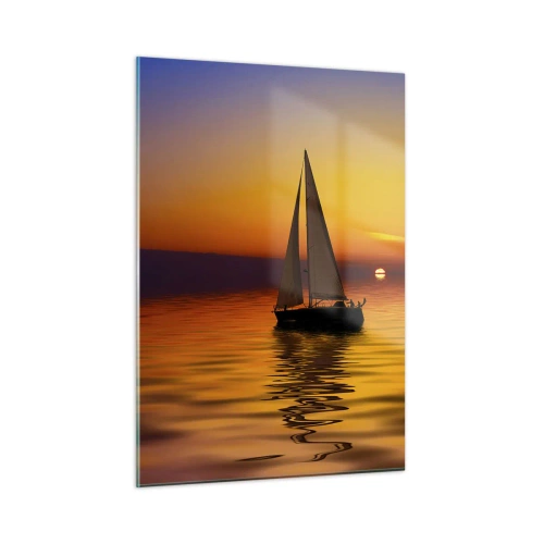 Impression sur verre - Image sur verre - Un voilier sur l'eau au coucher du soleil - 50x70cm - Comme c'est calme au crépuscule… - Décoration murale moderne pour le salon et la chambre ARTTOR