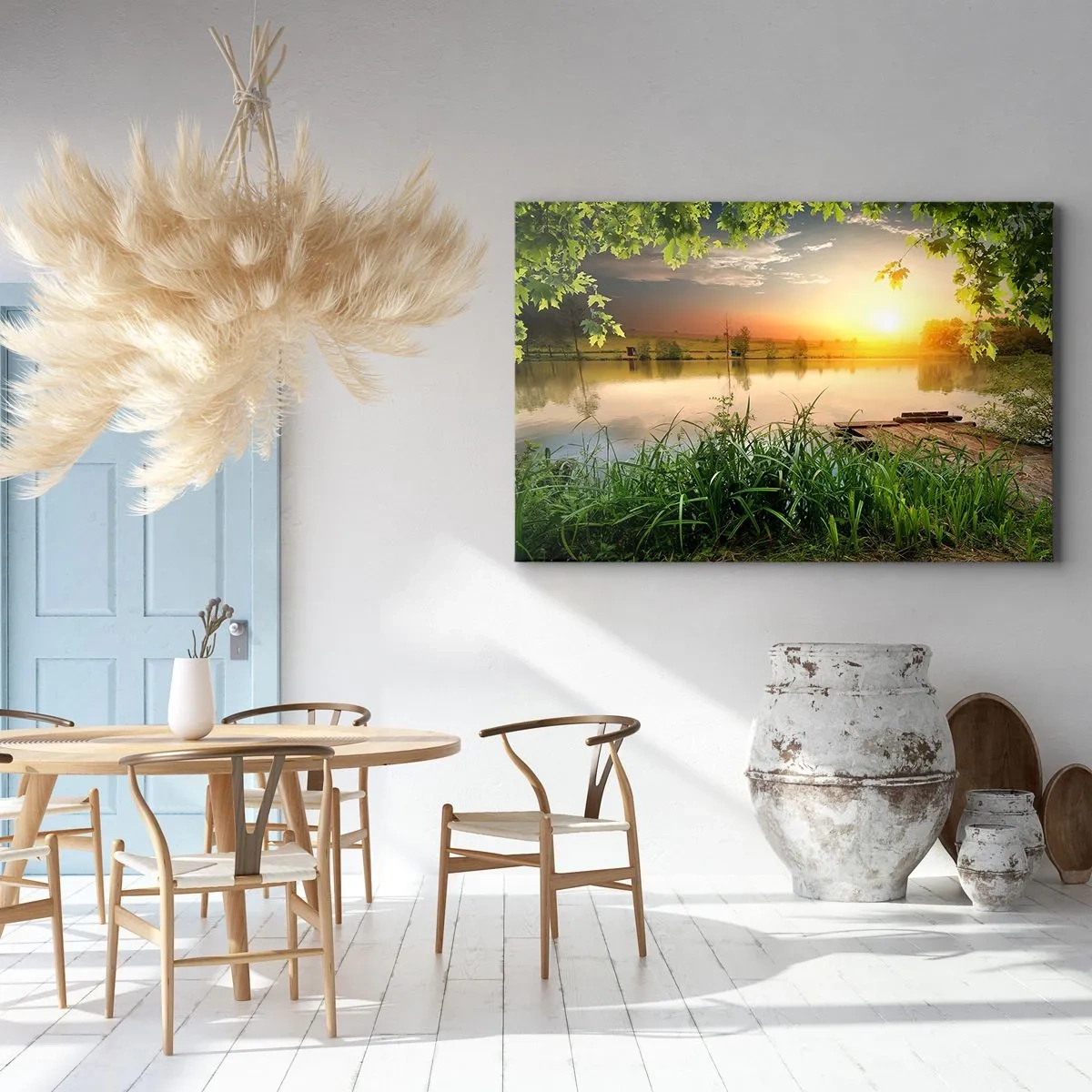 Impression sur toile - Image sur toile - Paysage verdoyant avec un lac au coucher du soleil - 120x80cm - Paysage dans un cadre verdoyant - Décoration murale moderne pour le salon et la chambre ARTTOR