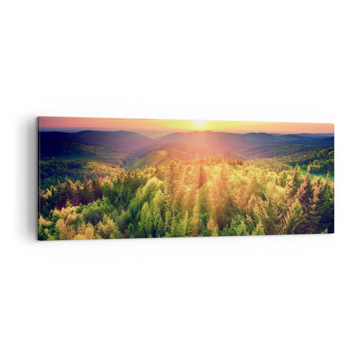 Impression sur toile - Image sur toile - Paysage forestier avec coucher de soleil sur les collines - 140x50cm - Monts et sommets - Décoration murale moderne pour le salon et la chambre ARTTOR