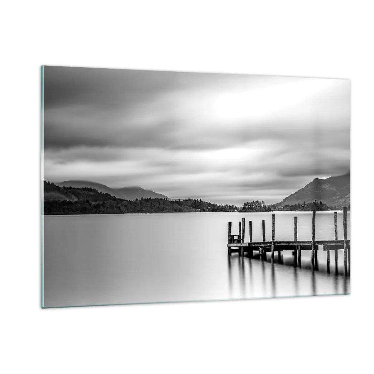 Impression sur verre - Image sur verre - Paysage noir et blanc avec un lac et une jetée en bois - 120x80cm - Douceur et force - Décoration murale moderne pour le salon et la chambre ARTTOR