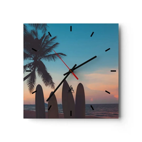 Horloge murale - Pendule murale - Planches de surf sur fond de palmier et de coucher de soleil - 30x30cm - Demain sera amusant aussi - Décoration murale moderne pour le salon et la chambre ARTTOR