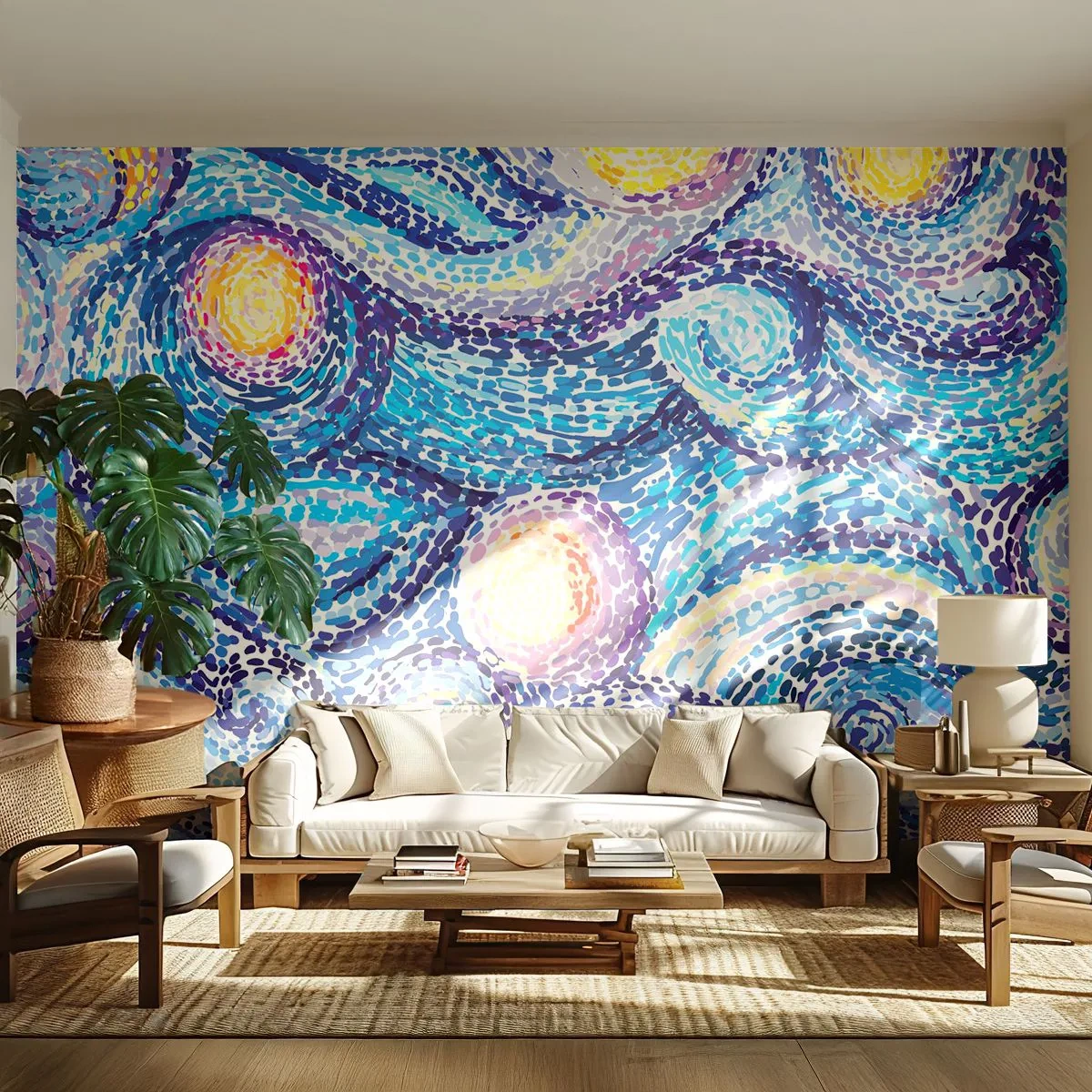 Papier Peint Photo Premium Canvas - Une interprétation artistique du ciel étoilé dans le style de Van Gogh - 100x70cm - D'après un tableau de van Gogh - Décoration murale moderne pour le salon et la chambre ARTTOR