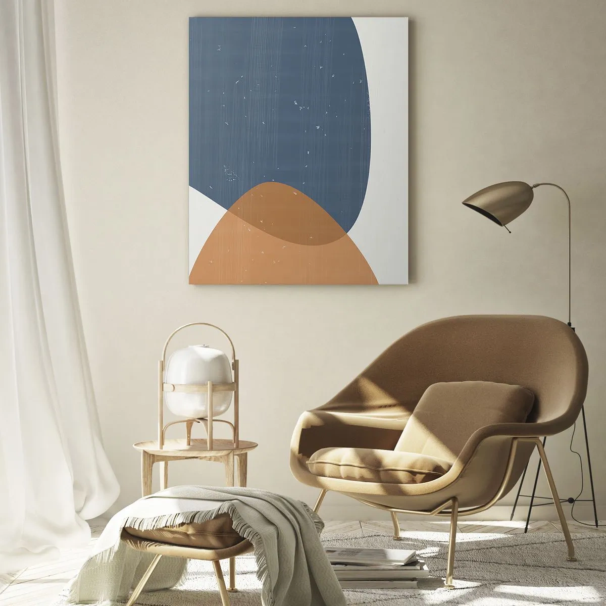 Impression sur verre - Image sur verre - Composition géométrique avec des ovales bleu marine et beige - 50x70cm - Ovales et influences - Décoration murale moderne pour le salon et la chambre ARTTOR