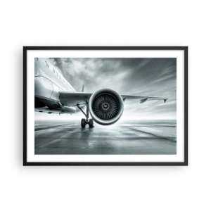 Affiche dans un cadre noir - Poster - Le réacteur d'un avion sur le tarmac - 70x50cm - Sent la force! - Décoration murale moderne pour le salon et la chambre ARTTOR