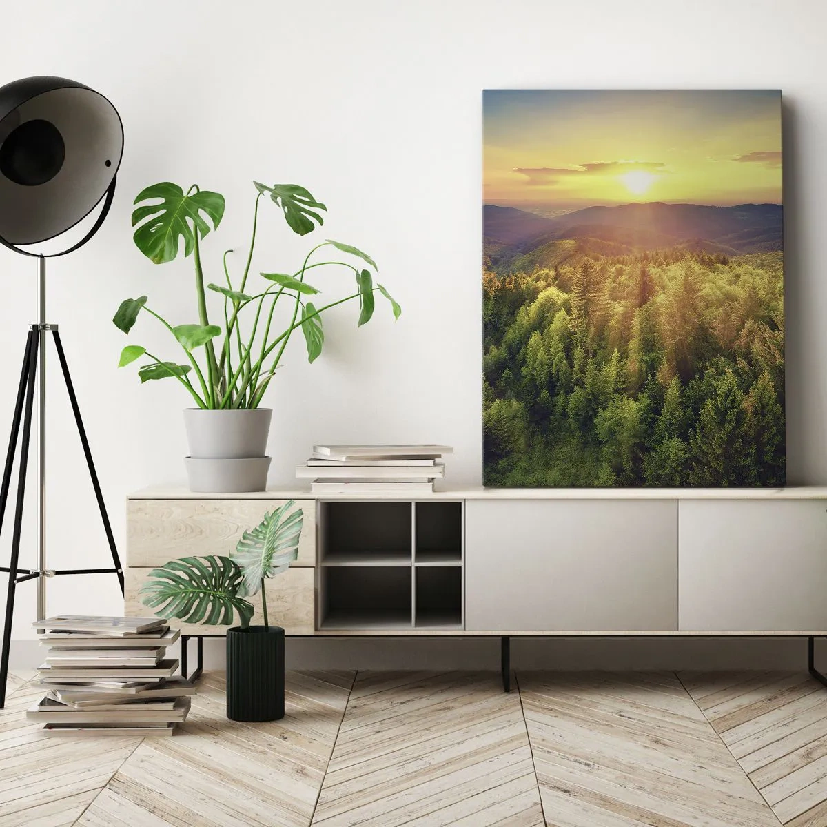 Impression sur toile - Image sur toile - Paysage forestier avec coucher de soleil sur les collines - 70x100cm - Monts et sommets - Décoration murale moderne pour le salon et la chambre ARTTOR