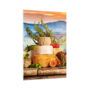 Impression sur verre - Image sur verre - Une composition de fromages et de fruits sur fond de paysage toscan - 70x100cm - La joie de vivre à l'italienne - Décoration murale moderne pour le salon et la chambre ARTTOR