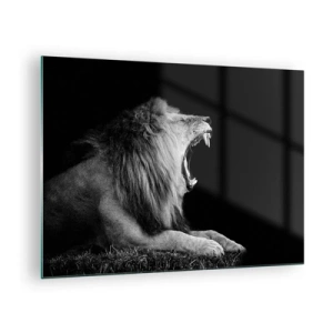 Impression sur verre - Image sur verre - Portrait noir et blanc d'un lion rugissant contre une ombre - 70x50cm - Sans aucun doute - Décoration murale moderne pour le salon et la chambre ARTTOR