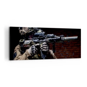 Impression sur toile - Image sur toile - Un soldat en équipement complet avec un fusil - 120x50cm - Meurtrier efficace - Décoration murale moderne pour le salon et la chambre ARTTOR