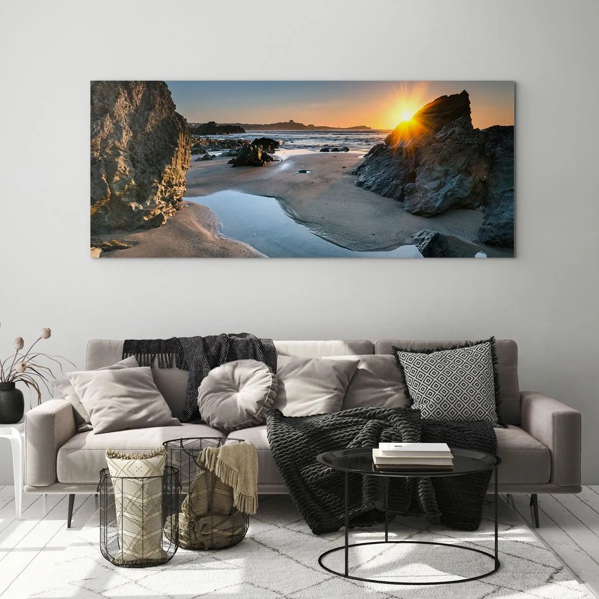 Impression sur verre - Image sur verre - Coucher de soleil pittoresque sur une plage rocheuse - 160x50cm - Intouché par la main de l'homme - Décoration murale moderne pour le salon et la chambre ARTTOR
