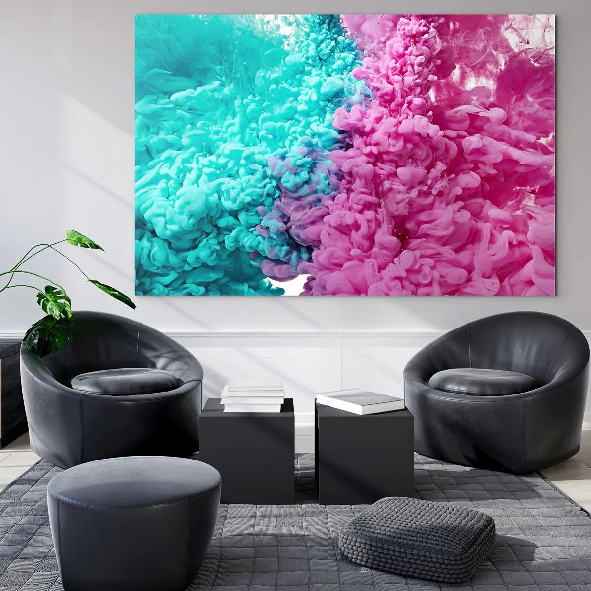Impression sur verre - Image sur verre - Nuages d'encre colorés en rose et turquoise - 70x50cm - Rencontre finale - Décoration murale moderne pour le salon et la chambre ARTTOR